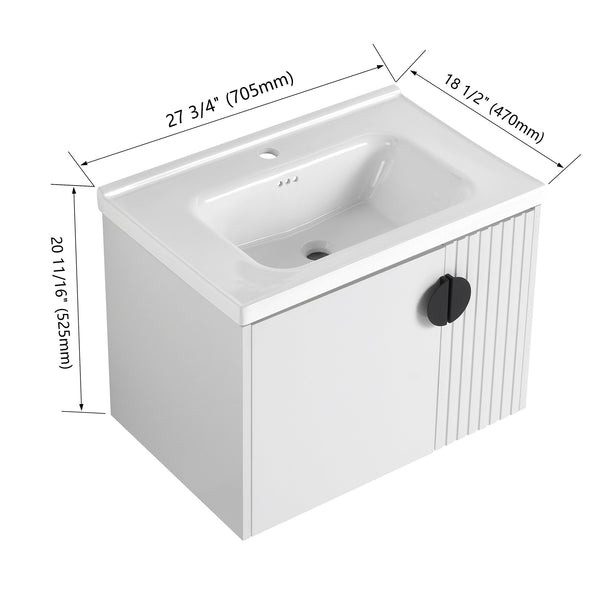 English Elm 28 Inch Wall-Mounted Bathroom Vanity with Ceramic Sink, Wave Dual Doors, Soft-Close Hinges, Durable Finish White W999P146019