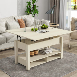 English Elm Lift Top Coffee Table, Multi-Functional Coffee Table With Open Shelves, Modern Lift Tabletop Dining Table For Living Room, Home Office, Rustic Ivory