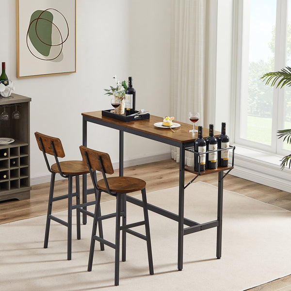 English Elm Bar Rustic Brown Bar Table Set with 3 Foldable Wine Bottle Rack, 2 Stools, Backrest, Space-Saving Design W116294391