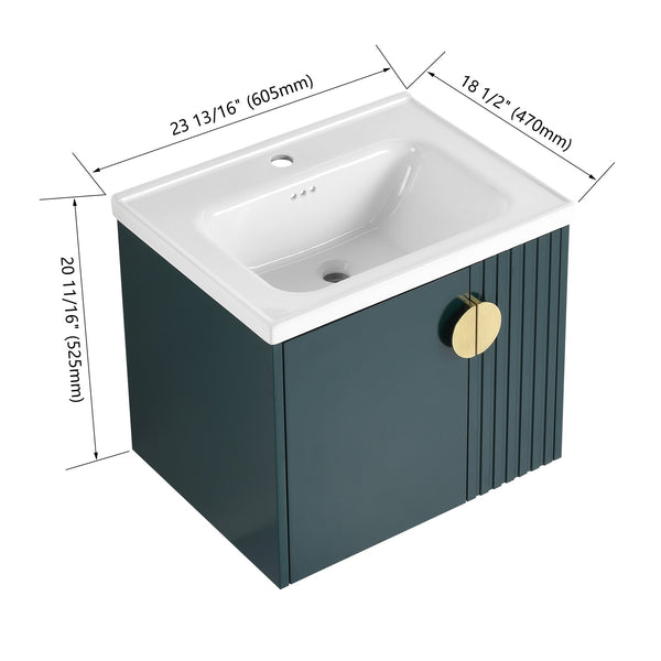 English Elm 24 Inch Wall-Mounted Vanity with Ceramic Sink, Wave Door Accent, Soft-Close Hinges, Eco Plywood Durable Finish Green W999P146018