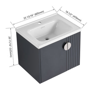 English Elm 24 Inch Wall-Mounted Vanity with Ceramic Sink, Wave Door Accent, Soft-Close Hinges, Eco Plywood Durable Finish Black W999P146017
