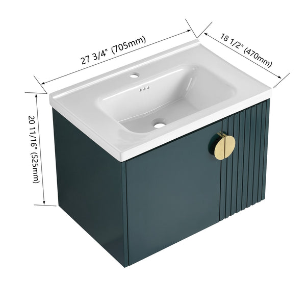 English Elm 28 Inch Wall-Mounted Bathroom Vanity with Ceramic Sink, Wave Dual Doors, Soft-Close Hinges, Durable Finish Green W999P146023