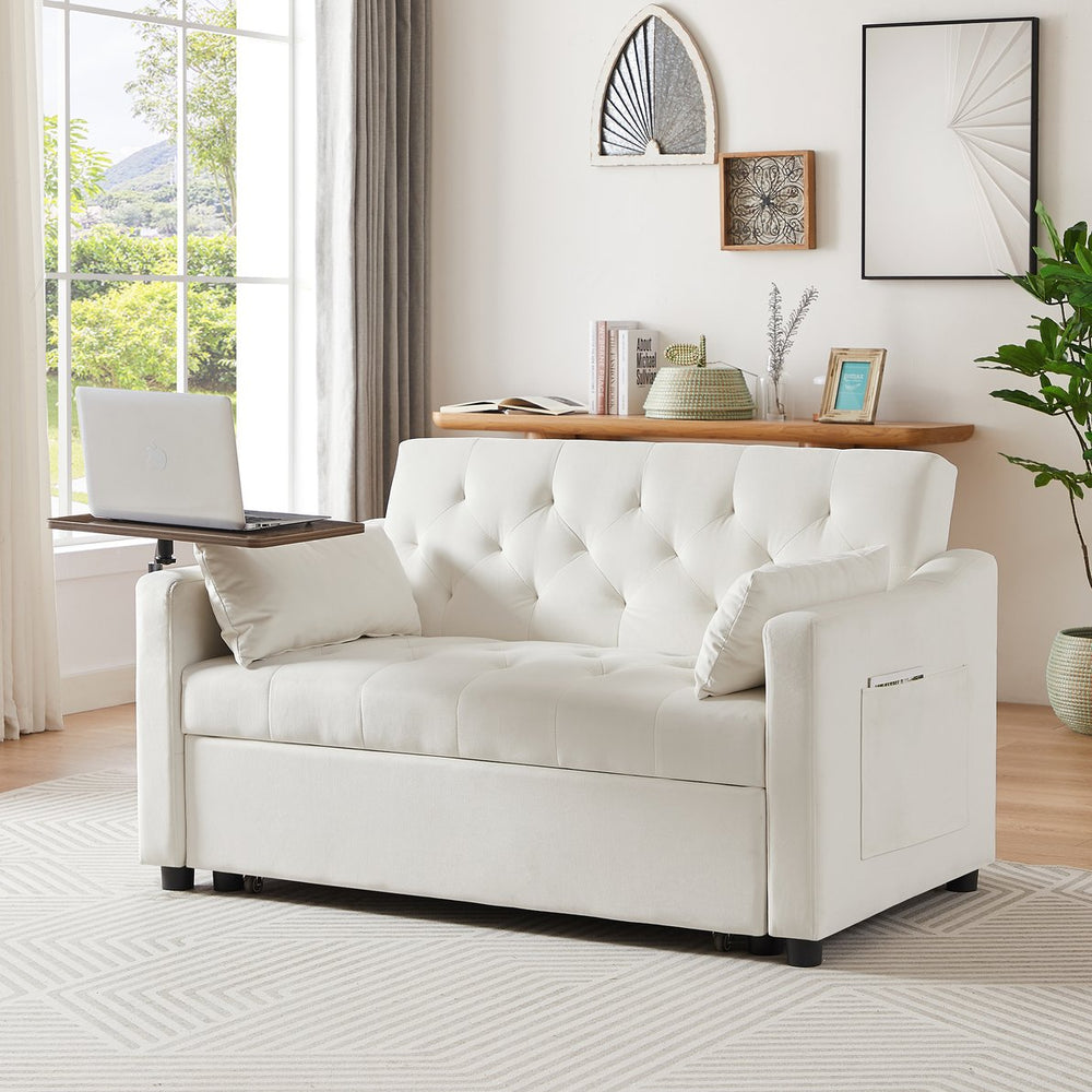 English Elm CREAM Velvet Sofa Bed with Foam Seating, Solid Wood Frame, Cream White Upholstery & Black Legs - Convertible Comfort and Durable Construction for Small Spaces W588136688