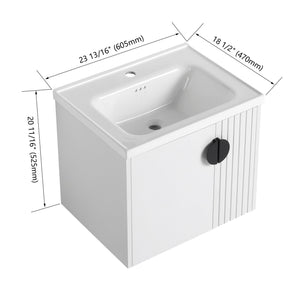 English Elm 24 Inch Wall-Mounted Vanity with Ceramic Sink, Wave Door Accent, Soft-Close Hinges, Eco Plywood Durable Finish White W999P146015