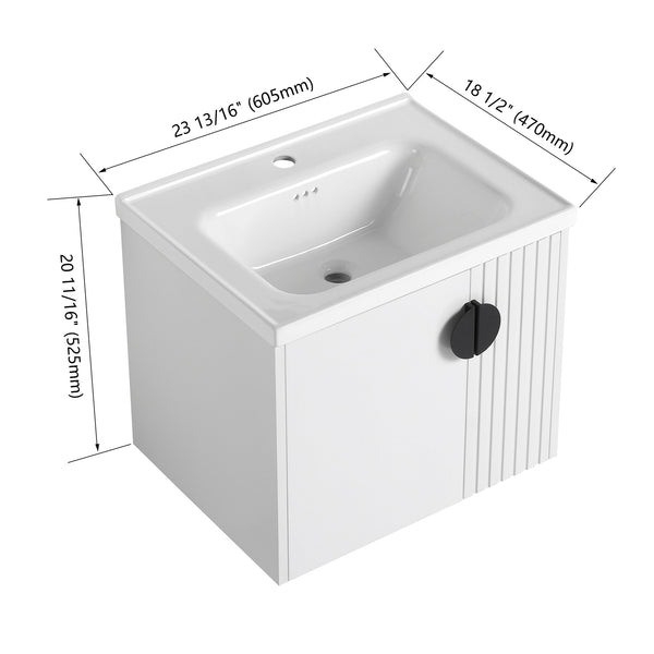 English Elm 24 Inch Wall-Mounted Vanity with Ceramic Sink, Wave Door Accent, Soft-Close Hinges, Eco Plywood Durable Finish White W999P146015