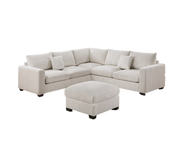 English Elm L-Sectional Plush Corduroy 4-Piece Sofa Set with Ottoman and Pillows — Modern Neutral Gathering Hub Ivory 60 L x 35 W x 18 H B011S00673