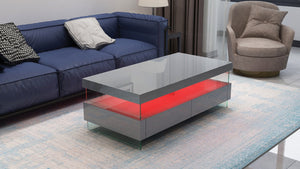 English Elm Ria High-Gloss Gray LED Coffee Table with Tempered Glass Top, Glass Legs & Dual Drawers for Storage B009P151367