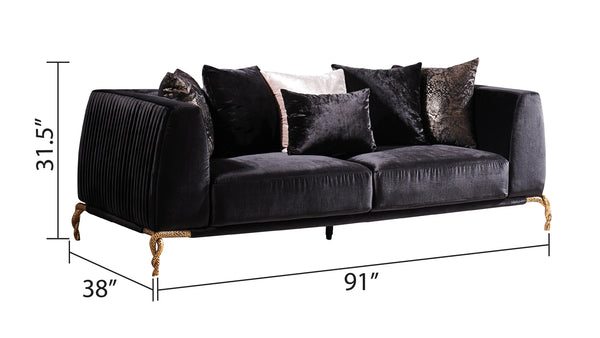 English Elm Majestic Modern Luxury Sofa in Shiny Black Velvet with Gold Accents, Sculpted Back & Patterned Legs B009P151406