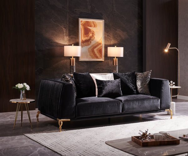 English Elm Shiny Contemporary Majesty Loveseat in Shiny Velvet with Black & Gold Accents, Patterned Legs, Luxe Comfort B009P151405