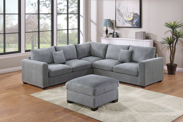 English Elm L-Sectional Plush Corduroy 4-Piece Sofa Set with Ottoman and Pillows — Modern Neutral Gathering Hub Fog 60 L x 35 W x 18 H B011S00672