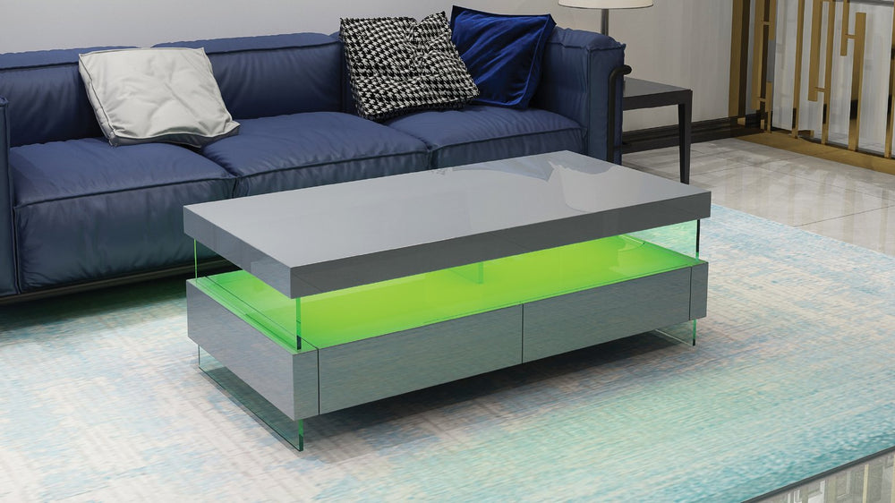English Elm Ria High-Gloss Gray LED Coffee Table with Tempered Glass Top, Glass Legs & Dual Drawers for Storage B009P151367