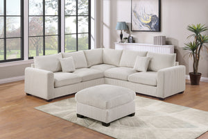 English Elm L-Sectional Plush Corduroy 4-Piece Sofa Set with Ottoman and Pillows — Modern Neutral Gathering Hub Ivory 60 L x 35 W x 18 H B011S00673