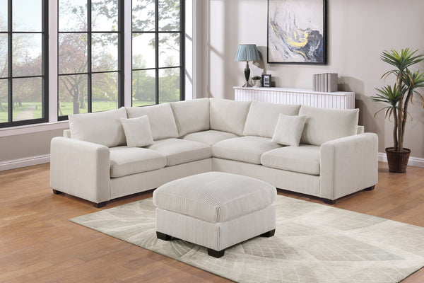 English Elm L-Sectional Plush Corduroy 4-Piece Sofa Set with Ottoman and Pillows — Modern Neutral Gathering Hub Ivory 60 L x 35 W x 18 H B011S00673