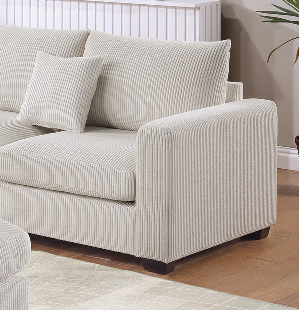 English Elm L-Sectional Plush Corduroy 4-Piece Sofa Set with Ottoman and Pillows — Modern Neutral Gathering Hub Ivory 60 L x 35 W x 18 H B011S00673