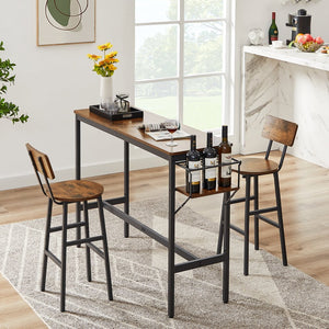 English Elm Bar Rustic Brown Bar Table Set with 3 Foldable Wine Bottle Rack, 2 Stools, Backrest, Space-Saving Design W116294391