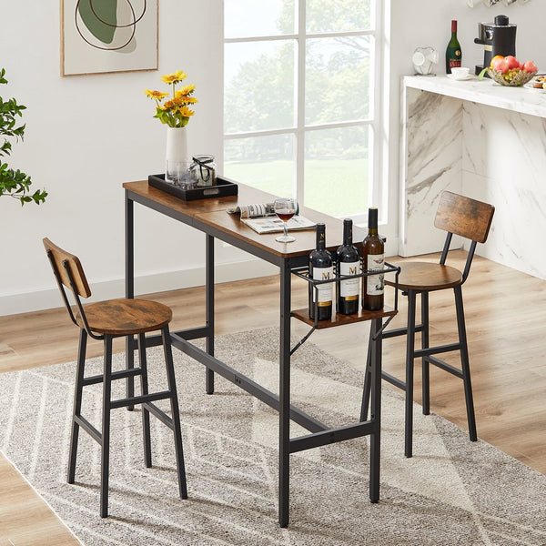 English Elm Bar Rustic Brown Bar Table Set with 3 Foldable Wine Bottle Rack, 2 Stools, Backrest, Space-Saving Design W116294391