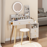 Hearth and Haven Round Mirror Bedside Cabinet Vanity Table + Cushioned Stool, with 2 Ac Power + 2 Usb Socket, 17" Diameter Led Mirror, Touch Control, 3-Color, Brightness Adjustable, Large Desktop, Multi-Layer Storage W936P146695