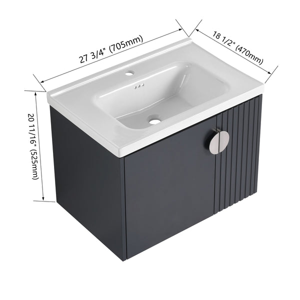 English Elm 28 Inch Wall-Mounted Bathroom Vanity with Ceramic Sink, Wave Dual Doors, Soft-Close Hinges, Durable Finish Black W999P146021