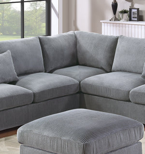 English Elm L-Sectional Plush Corduroy 4-Piece Sofa Set with Ottoman and Pillows — Modern Neutral Gathering Hub Fog 60 L x 35 W x 18 H B011S00672