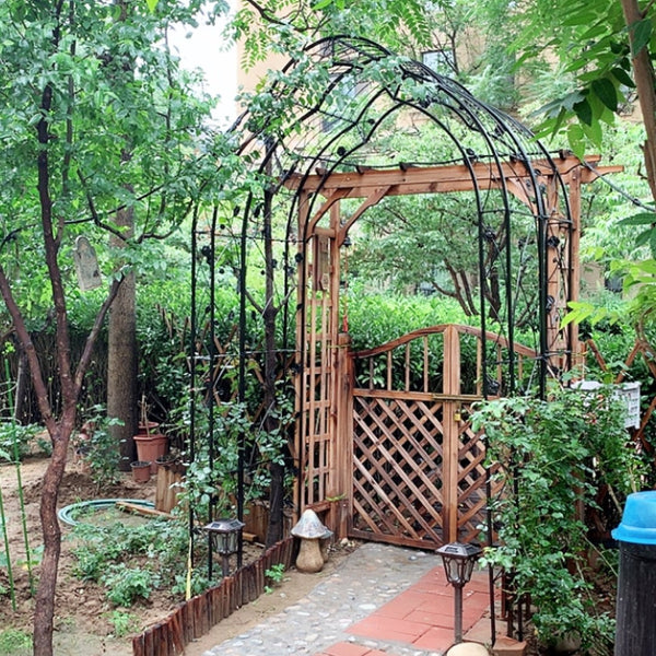 English Elm Metal Gothic Arch Garden Arbor Powder Coated Steel Trellis for Climbing Roses Black W158681100