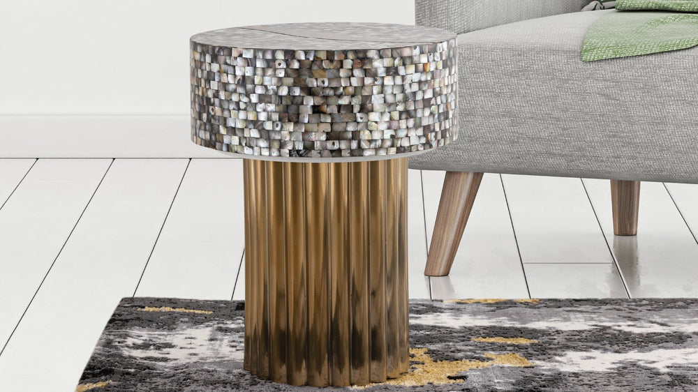 English Elm ET Mother of Pearl Top End Table with Brass TPR Finish & Stainless Steel Base — Modern Luxury Accent B009140759