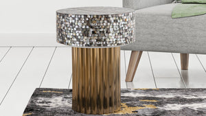 English Elm ET Mother of Pearl Top End Table with Brass TPR Finish & Stainless Steel Base — Modern Luxury Accent B009140759