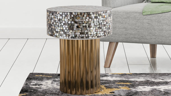 English Elm ET Mother of Pearl Top End Table with Brass TPR Finish & Stainless Steel Base — Modern Luxury Accent B009140759