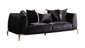 English Elm Majestic Modern Luxury Sofa in Shiny Black Velvet with Gold Accents, Sculpted Back & Patterned Legs B009P151406