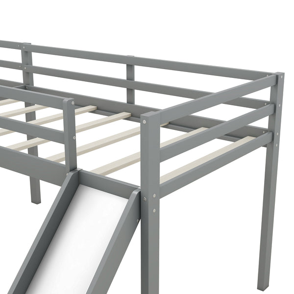 English Elm L-Shaped Twin Loft Bed with Slide and Wide Ladder — Solid Pine & MDF, Corner-Saving Space-Smart Design Gray GX000242AAE-1