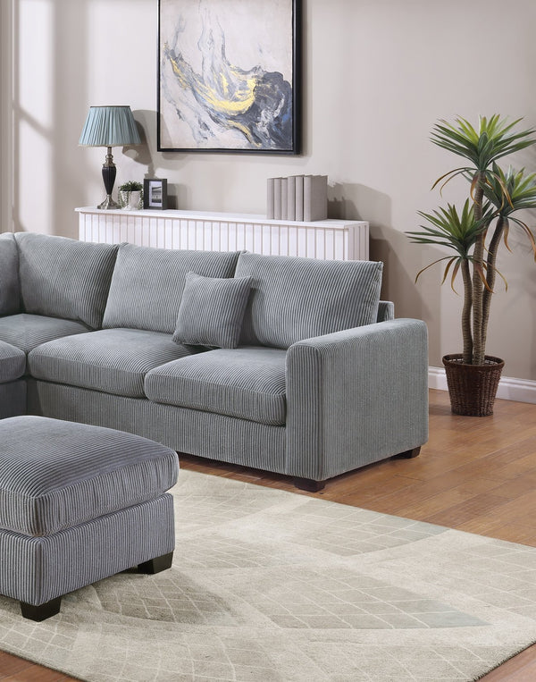 English Elm L-Sectional Plush Corduroy 4-Piece Sofa Set with Ottoman and Pillows — Modern Neutral Gathering Hub Fog 60 L x 35 W x 18 H B011S00672