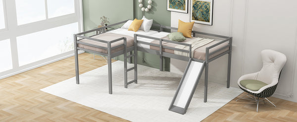 English Elm L-Shaped Twin Loft Bed with Slide and Wide Ladder — Solid Pine & MDF, Corner-Saving Space-Smart Design Gray GX000242AAE-1