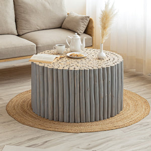 English Elm T1009 Handcrafted Round Coffee Table with Carved Wood Top, Modern Rustic Charm for Living Rooms Grey B009140746