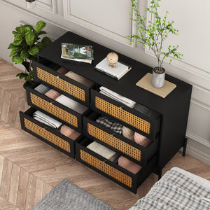 English Elm Rattan 6-Drawer Dresser with Rattan Doors & Gold Handles, Water-Resistant MDF, Spacious Storage W1321132577