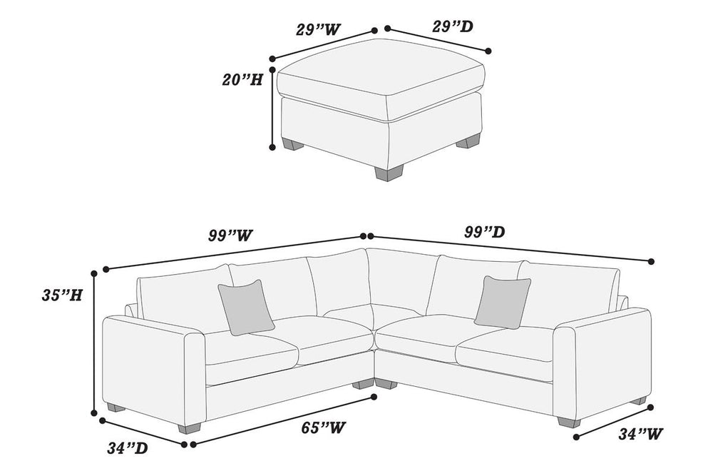 English Elm L-Sectional Plush Corduroy 4-Piece Sofa Set with Ottoman and Pillows — Modern Neutral Gathering Hub Fog 60 L x 35 W x 18 H B011S00672