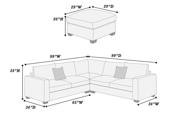 English Elm L-Sectional Plush Corduroy 4-Piece Sofa Set with Ottoman and Pillows — Modern Neutral Gathering Hub Ivory 60 L x 35 W x 18 H B011S00673