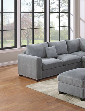 English Elm L-Sectional Plush Corduroy 4-Piece Sofa Set with Ottoman and Pillows — Modern Neutral Gathering Hub Fog 60 L x 35 W x 18 H B011S00672