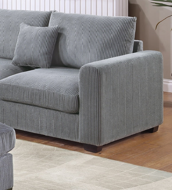 English Elm L-Sectional Plush Corduroy 4-Piece Sofa Set with Ottoman and Pillows — Modern Neutral Gathering Hub Fog 60 L x 35 W x 18 H B011S00672