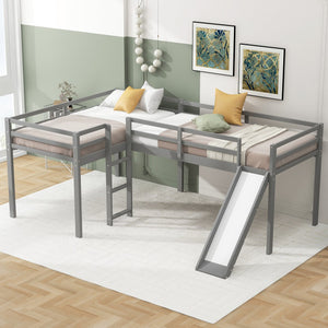 English Elm L-Shaped Twin Loft Bed with Slide and Wide Ladder — Solid Pine & MDF, Corner-Saving Space-Smart Design Gray GX000242AAE-1