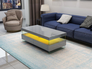 English Elm Ria High-Gloss Gray LED Coffee Table with Tempered Glass Top, Glass Legs & Dual Drawers for Storage B009P151367