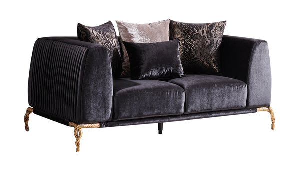 English Elm Shiny Contemporary Majesty Loveseat in Shiny Velvet with Black & Gold Accents, Patterned Legs, Luxe Comfort B009P151405