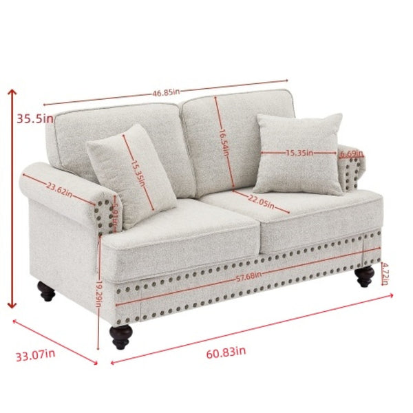 English Elm 61" Chenille Loveseat with Nailhead Trim Plush Two Seat Sofa for Modern Living Rooms White W1708S00024