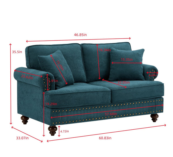 English Elm 61" Chenille Loveseat with Nailhead Trim Plush Two Seat Sofa for Modern Living Rooms Lake Green W1708S00020