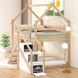 English Elm Twin House Loft Bunk Bed with Slide, Staircase & Climbing Ramp — Space-Saving Pine Frame for Kids (97) Natural GX000717AAN