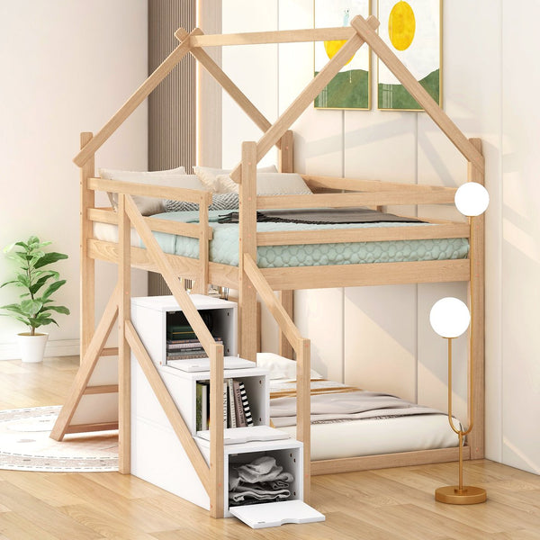English Elm Twin House Loft Bunk Bed with Slide, Staircase & Climbing Ramp — Space-Saving Pine Frame for Kids (97) Natural GX000717AAN