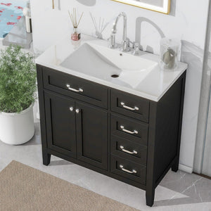 English Elm 36" Freestanding Bathroom Vanity Solid Rubberwood Cabinet with Ceramic Sink and Three Drawers Black JL000007AAB-6