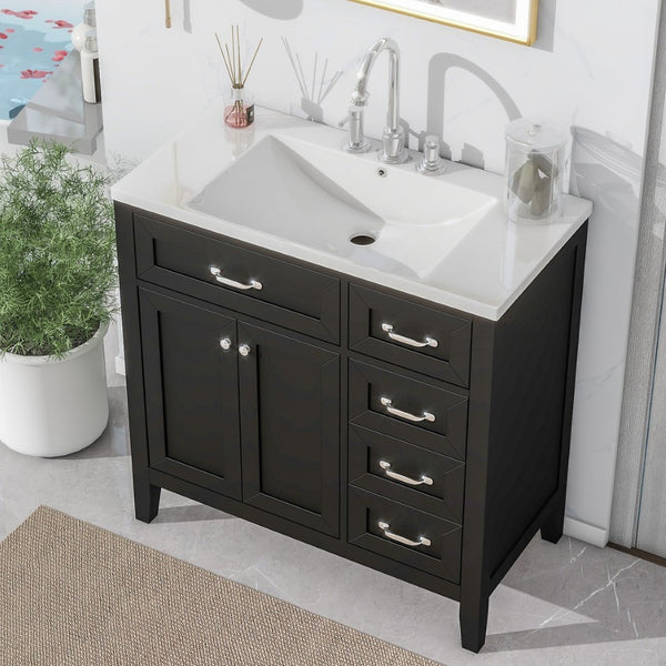 English Elm 36" Freestanding Bathroom Vanity Solid Rubberwood Cabinet with Ceramic Sink and Three Drawers Black JL000007AAB-6
