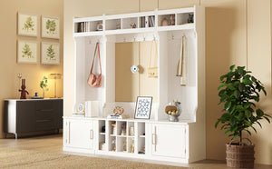 English Elm On-trend Modular Entryway Hall Tree with Hooks Shoe Cubbies Bench and Shelves White N721S000025K