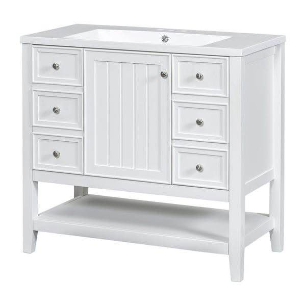 English Elm 36" Bathroom Vanity With Center Sink, Solid Wood & Mdf, 3 Drawers, Elegant White Finish, Modern Style N725P246500K