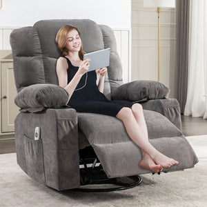 English Elm Massage Rocker Recliner Oversized Chair with Heat Vibration Usb Port and Storage Pockets Grey W1807S00010