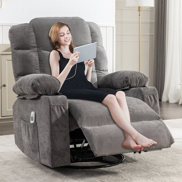 English Elm Massage Rocker Recliner Oversized Chair with Heat Vibration Usb Port and Storage Pockets Grey W1807S00010